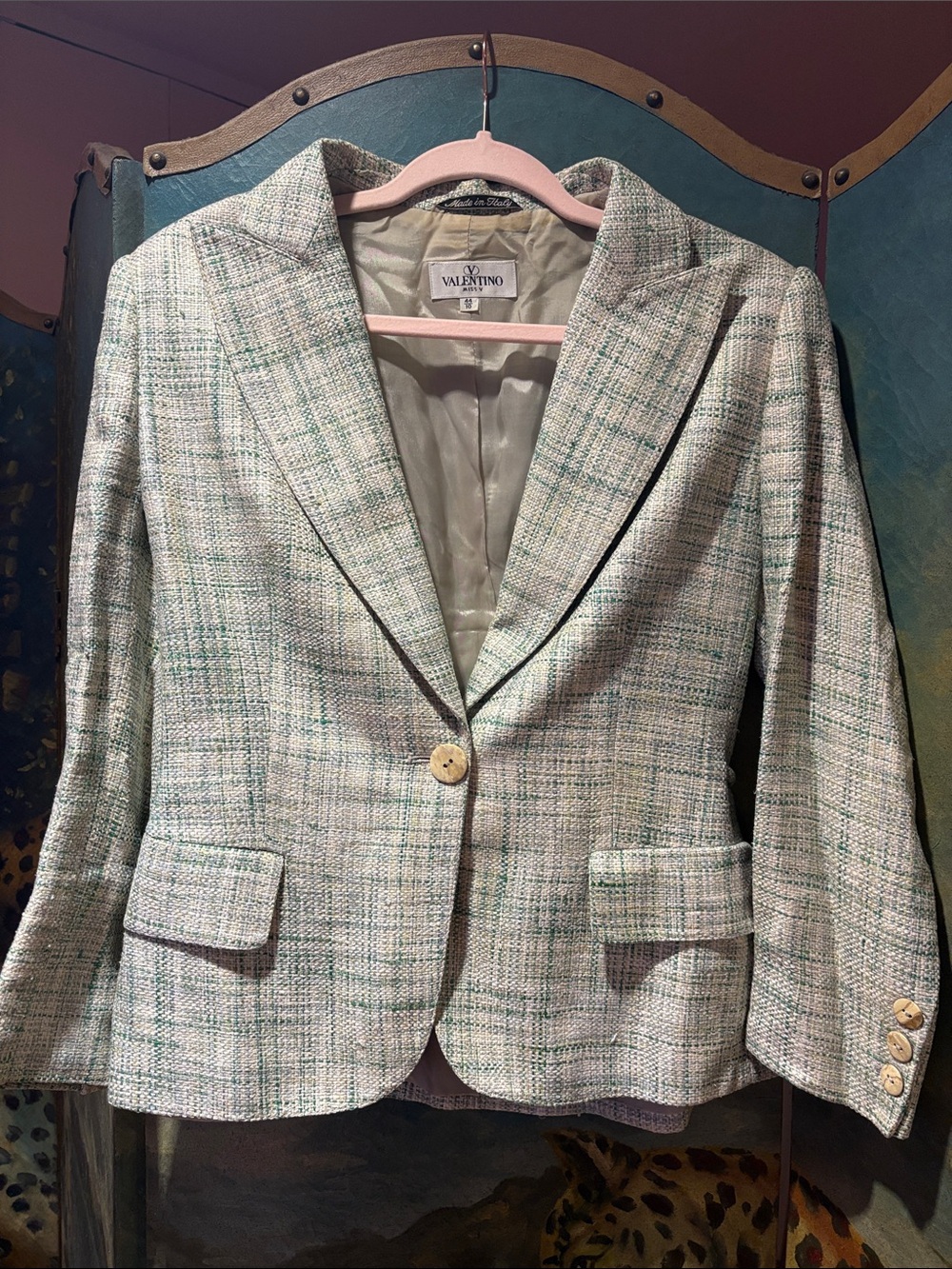 Vintage Valentino Womens Silk Tweed Blazer Jacket in Light Green Plaid, 1991